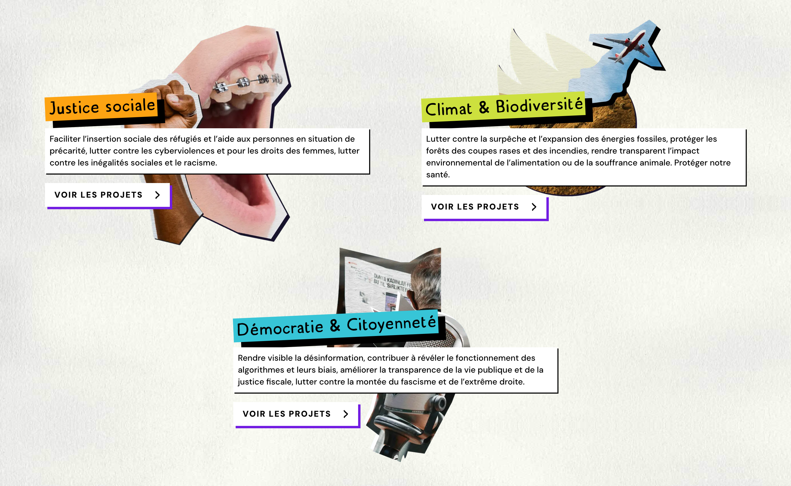 Icones représentant les enjeux de l'IA : Justice sociale, Climat et biodiversité, Démocratie et citoyenneté